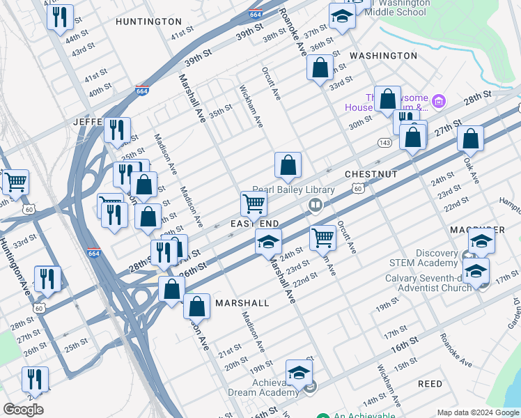 map of restaurants, bars, coffee shops, grocery stores, and more near 814 28th Street in Newport News