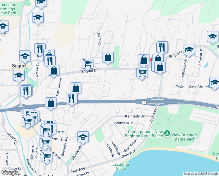 map of restaurants, bars, coffee shops, grocery stores, and more near 14 Del Rio Circle in Soquel