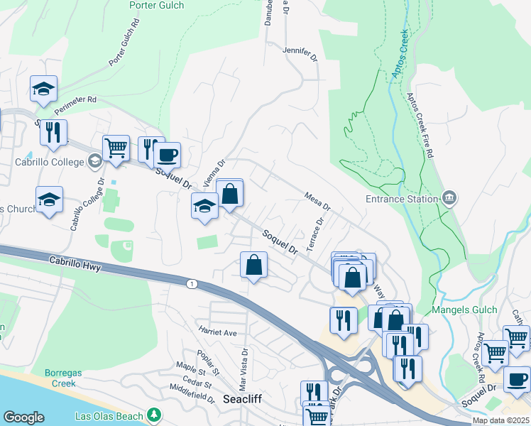 map of restaurants, bars, coffee shops, grocery stores, and more near 3045 Mar Vista Drive in Aptos