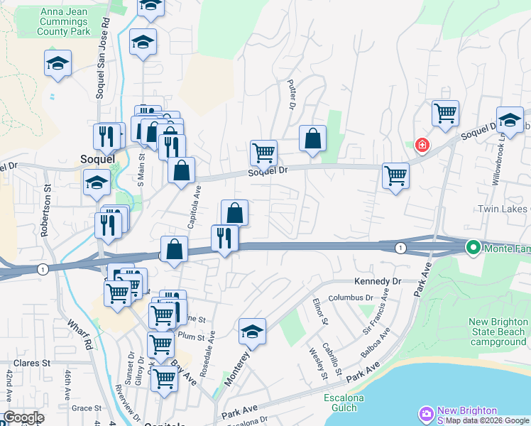 map of restaurants, bars, coffee shops, grocery stores, and more near 2545 Orchard Street in Soquel