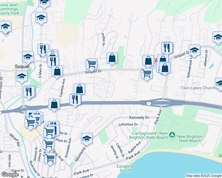 map of restaurants, bars, coffee shops, grocery stores, and more near 14 Del Rio Circle in Soquel