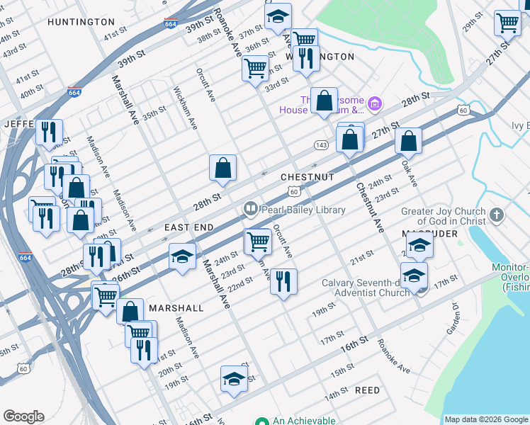 map of restaurants, bars, coffee shops, grocery stores, and more near 2500 Orcutt Avenue in Newport News