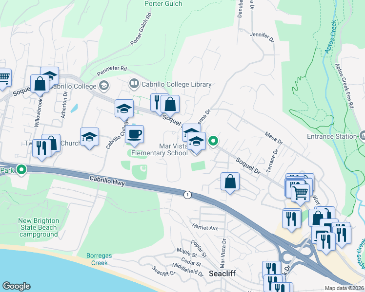 map of restaurants, bars, coffee shops, grocery stores, and more near 2784 Borregas Drive in Aptos