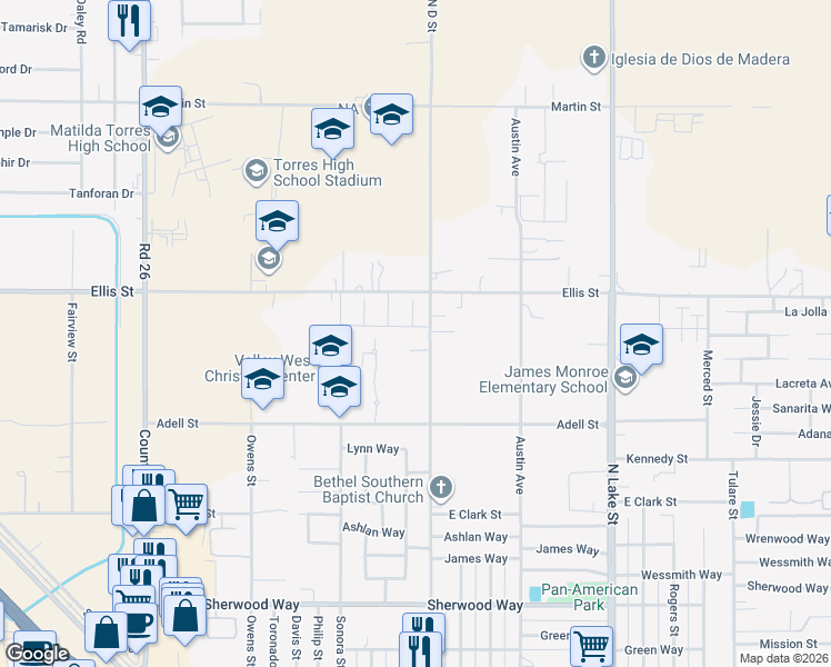map of restaurants, bars, coffee shops, grocery stores, and more near 16348 North D Street in Madera