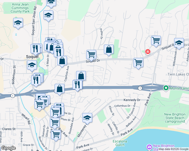 map of restaurants, bars, coffee shops, grocery stores, and more near 2545 Orchard Street in Soquel
