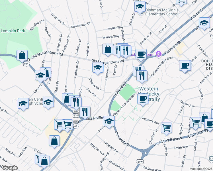 map of restaurants, bars, coffee shops, grocery stores, and more near 1657-1671 Johnson Drive in Bowling Green