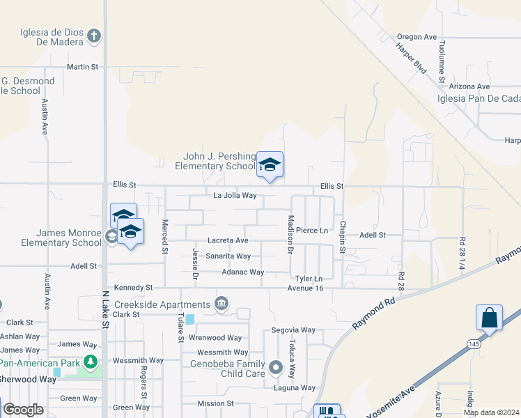 map of restaurants, bars, coffee shops, grocery stores, and more near 1580 Josephine Court in Madera