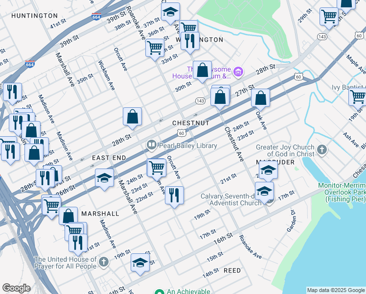 map of restaurants, bars, coffee shops, grocery stores, and more near 1032 25th Street in Newport News
