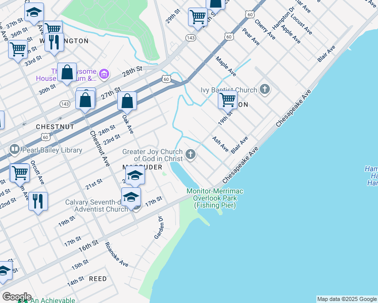 map of restaurants, bars, coffee shops, grocery stores, and more near 105 Mulberry Avenue in Newport News