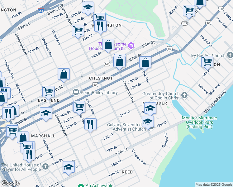 map of restaurants, bars, coffee shops, grocery stores, and more near 1129 23rd Street in Newport News
