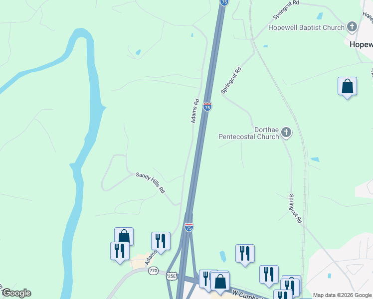 map of restaurants, bars, coffee shops, grocery stores, and more near 591 Adams Road in Corbin