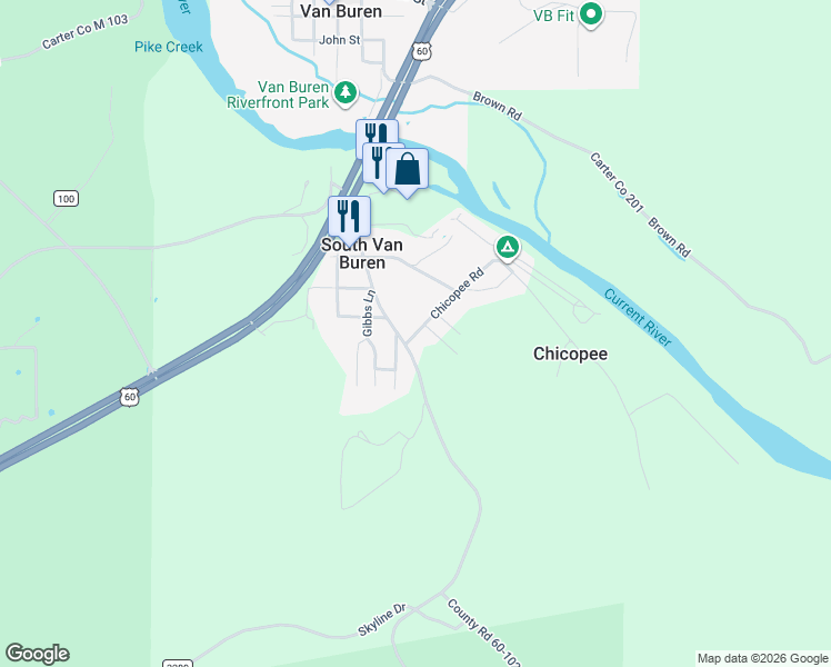 map of restaurants, bars, coffee shops, grocery stores, and more near 46c Chicopee Road in Van Buren
