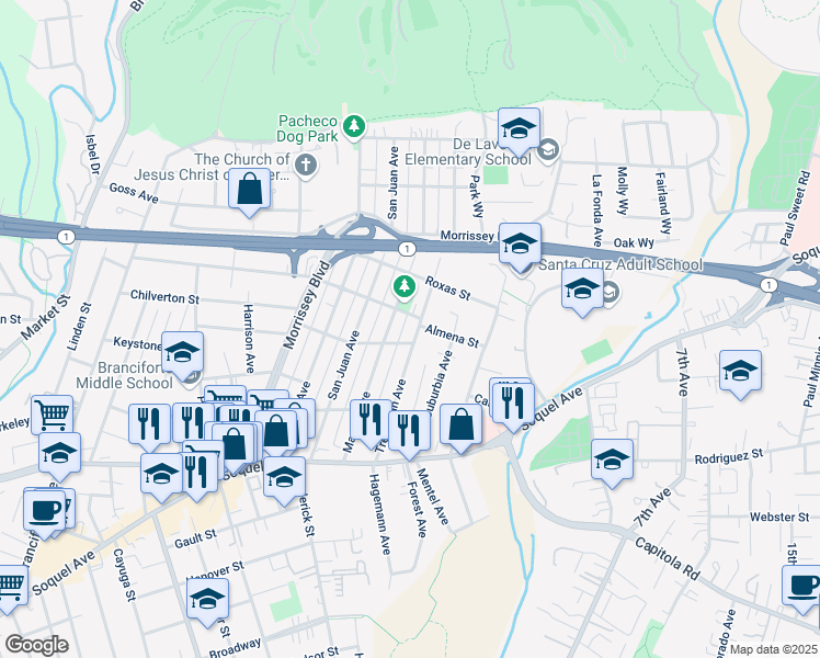 map of restaurants, bars, coffee shops, grocery stores, and more near 310 Marnell Avenue in Santa Cruz