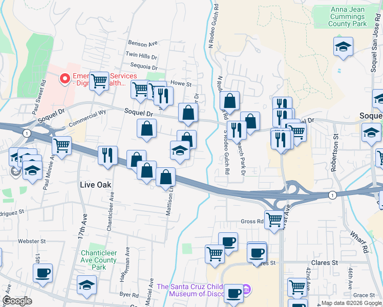 map of restaurants, bars, coffee shops, grocery stores, and more near 2829 Mattison Lane in Santa Cruz