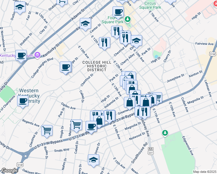 map of restaurants, bars, coffee shops, grocery stores, and more near 1320 Park Street in Bowling Green