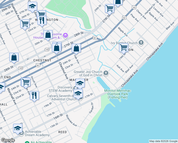 map of restaurants, bars, coffee shops, grocery stores, and more near 1350 Hampton Avenue in Newport News