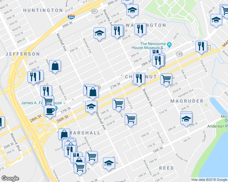 map of restaurants, bars, coffee shops, grocery stores, and more near 911 26th Street in Newport News