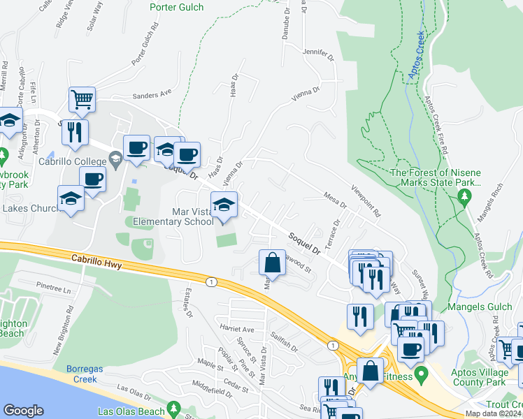 map of restaurants, bars, coffee shops, grocery stores, and more near 3001 Lomita Ct in Aptos