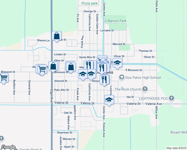 map of restaurants, bars, coffee shops, grocery stores, and more near 2017 Blossom St in Dos Palos