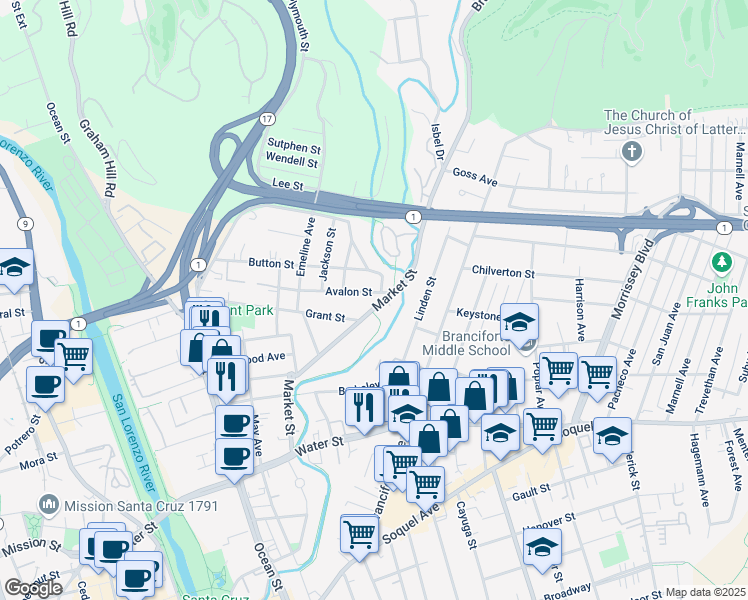 map of restaurants, bars, coffee shops, grocery stores, and more near 425 Market Street in Santa Cruz