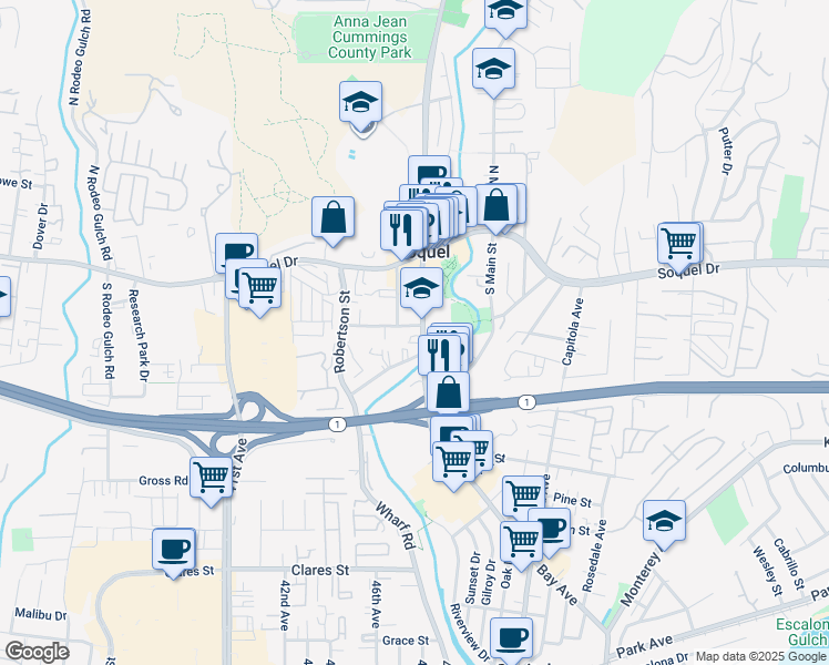 map of restaurants, bars, coffee shops, grocery stores, and more near 2601 Porter Street in Soquel