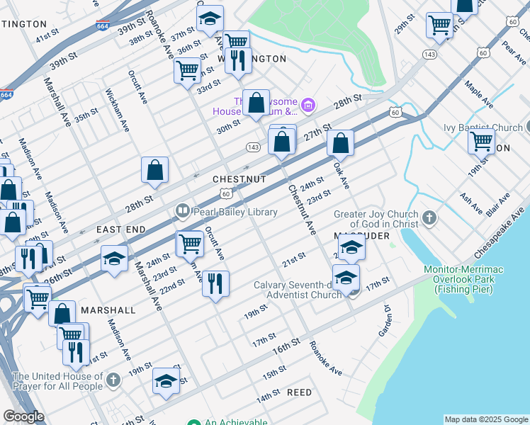map of restaurants, bars, coffee shops, grocery stores, and more near 1118 24th Street in Newport News