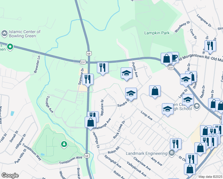 map of restaurants, bars, coffee shops, grocery stores, and more near Greenway in Bowling Green