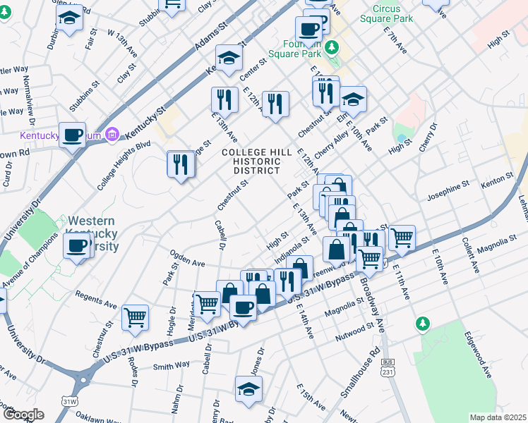 map of restaurants, bars, coffee shops, grocery stores, and more near 1347 Park Street in Bowling Green