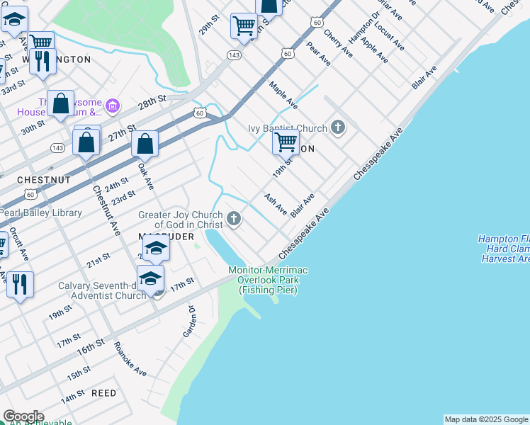 map of restaurants, bars, coffee shops, grocery stores, and more near 54 Beechwood Avenue in Newport News