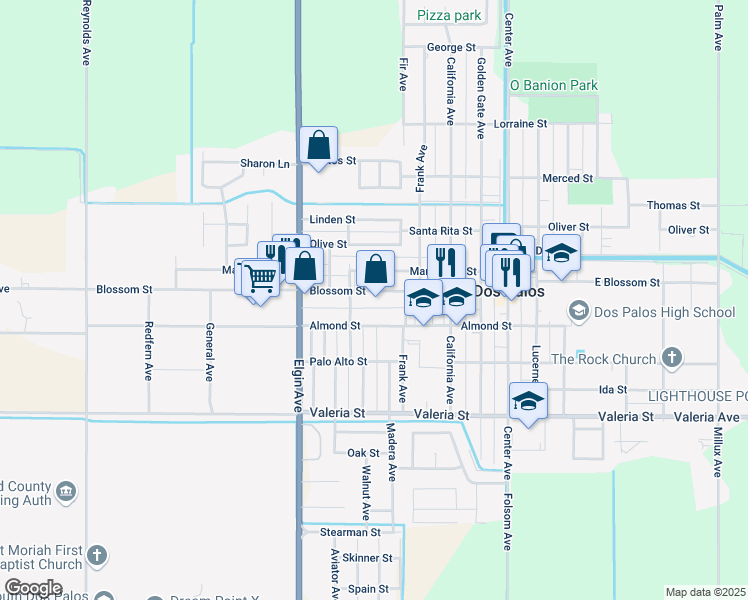map of restaurants, bars, coffee shops, grocery stores, and more near 2317 Blossom Street in Dos Palos