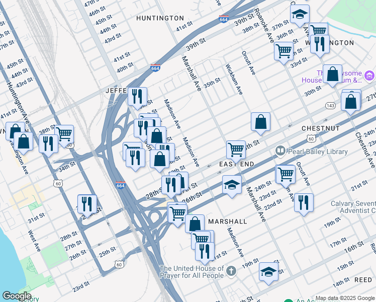 map of restaurants, bars, coffee shops, grocery stores, and more near 3001 Madison Avenue in Newport News