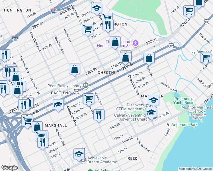 map of restaurants, bars, coffee shops, grocery stores, and more near 1030 25th Street in Newport News
