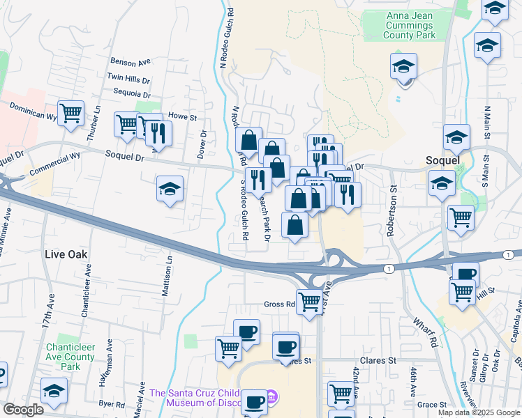map of restaurants, bars, coffee shops, grocery stores, and more near 3949 Research Park Ct in Soquel