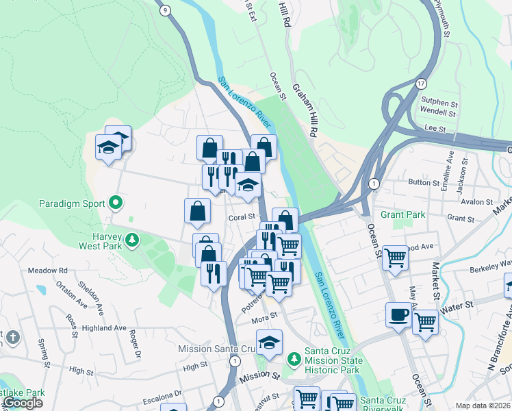 map of restaurants, bars, coffee shops, grocery stores, and more near 112 Coral Street in Santa Cruz