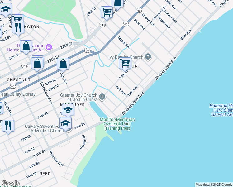 map of restaurants, bars, coffee shops, grocery stores, and more near 54 Beechwood Avenue in Newport News