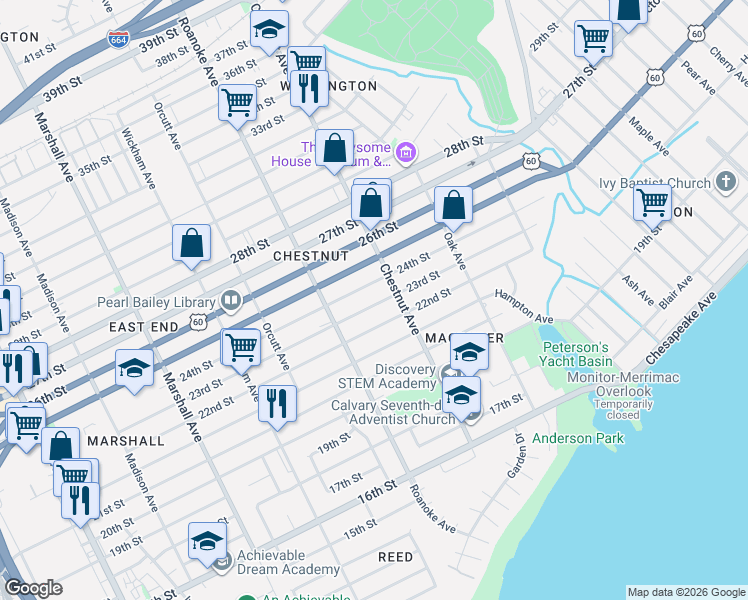 map of restaurants, bars, coffee shops, grocery stores, and more near 1129 23rd Street in Newport News
