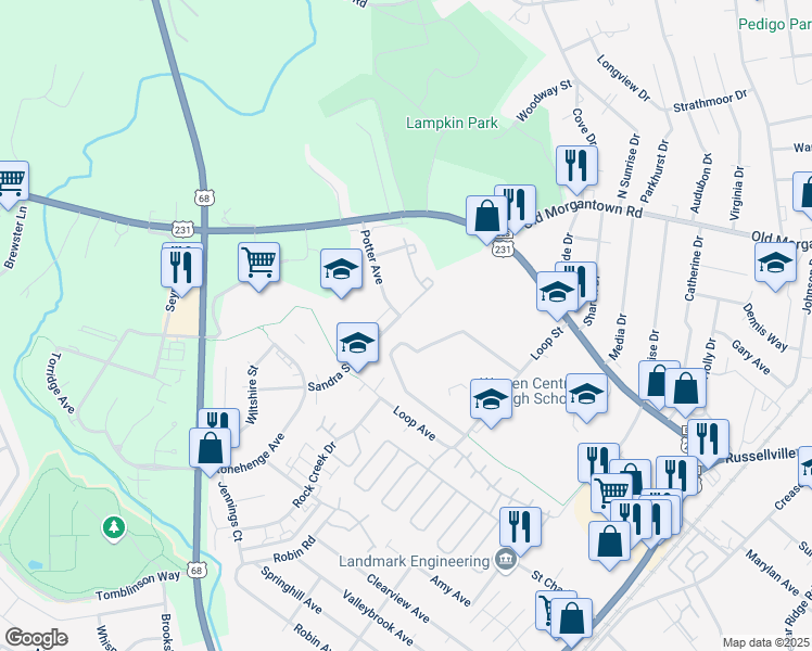 map of restaurants, bars, coffee shops, grocery stores, and more near 1902 Sandra Street in Bowling Green
