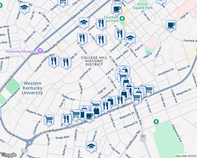 map of restaurants, bars, coffee shops, grocery stores, and more near 1344 Park Street in Bowling Green
