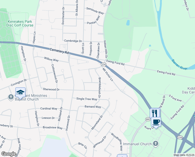 map of restaurants, bars, coffee shops, grocery stores, and more near 661 Bramblebush Drive in Bowling Green