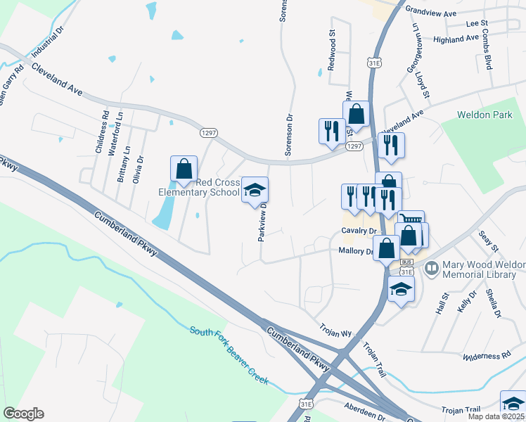 map of restaurants, bars, coffee shops, grocery stores, and more near Parkview Drive in Glasgow