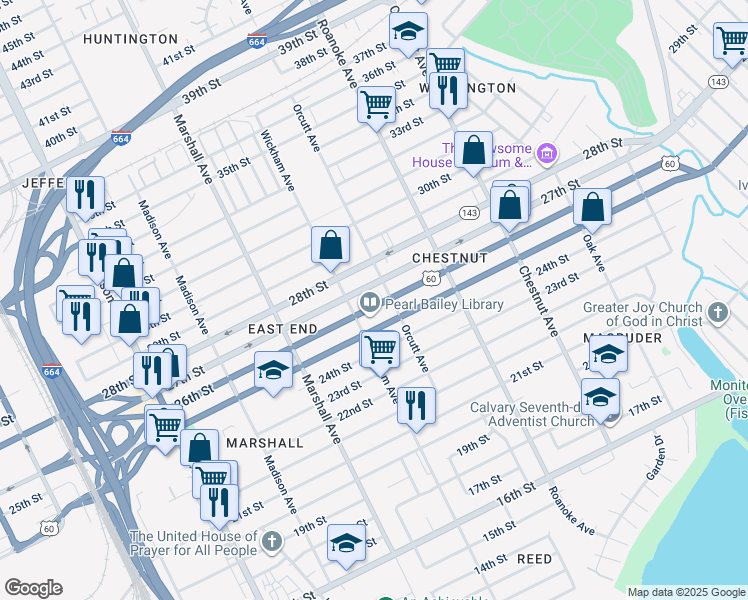 map of restaurants, bars, coffee shops, grocery stores, and more near 923 26th Street in Newport News