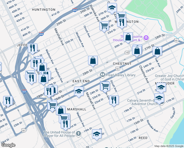 map of restaurants, bars, coffee shops, grocery stores, and more near 851 27th Street in Newport News