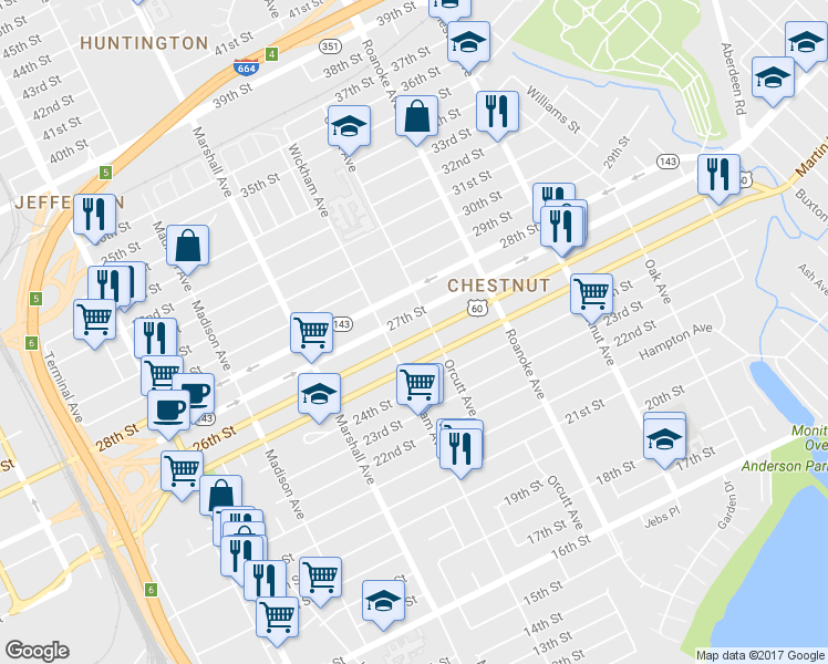 map of restaurants, bars, coffee shops, grocery stores, and more near 923 26th Street in Newport News