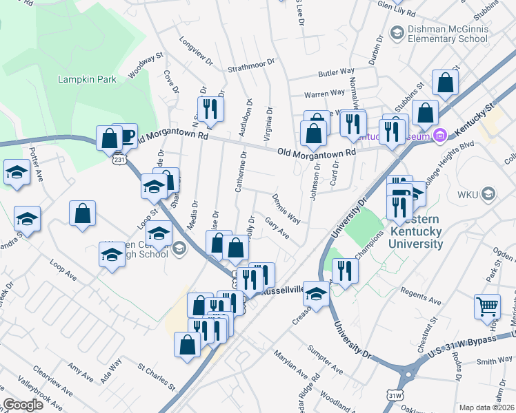 map of restaurants, bars, coffee shops, grocery stores, and more near 1716 Holly Drive in Bowling Green