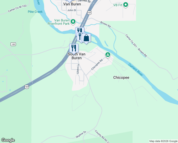 map of restaurants, bars, coffee shops, grocery stores, and more near 46c Chicopee Road in Van Buren