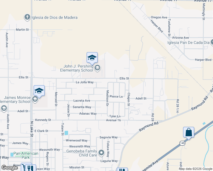 map of restaurants, bars, coffee shops, grocery stores, and more near 1936 Madison Drive in Madera