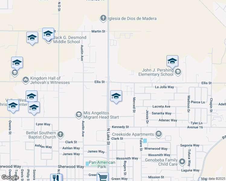 map of restaurants, bars, coffee shops, grocery stores, and more near 1995 North Lake Street in Madera