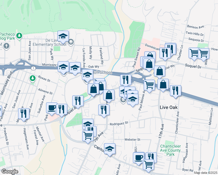 map of restaurants, bars, coffee shops, grocery stores, and more near 2740 Soquel Avenue in Santa Cruz