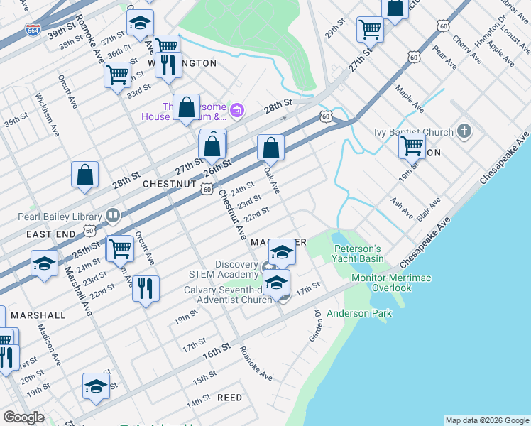 map of restaurants, bars, coffee shops, grocery stores, and more near 1222 22nd Street in Newport News