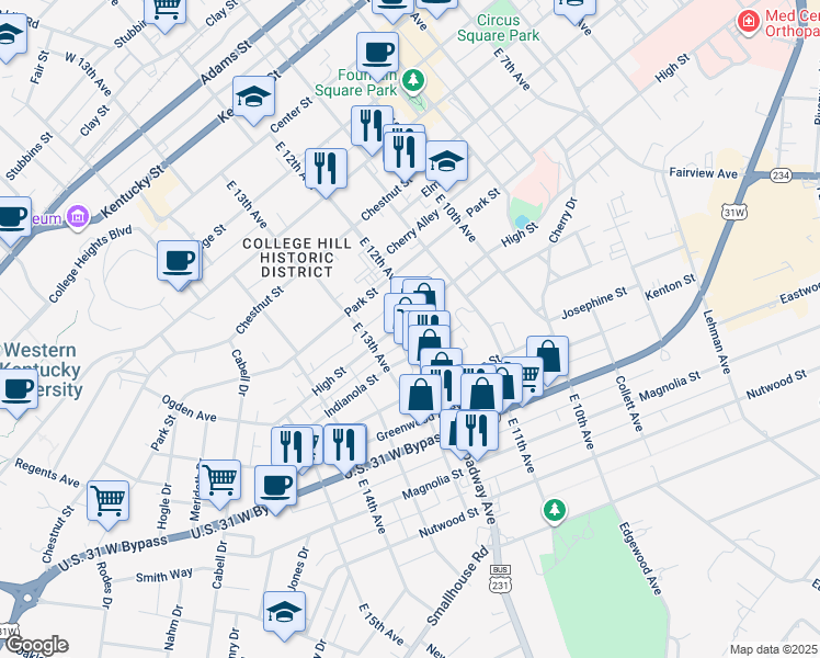 map of restaurants, bars, coffee shops, grocery stores, and more near 1224 High Street in Bowling Green